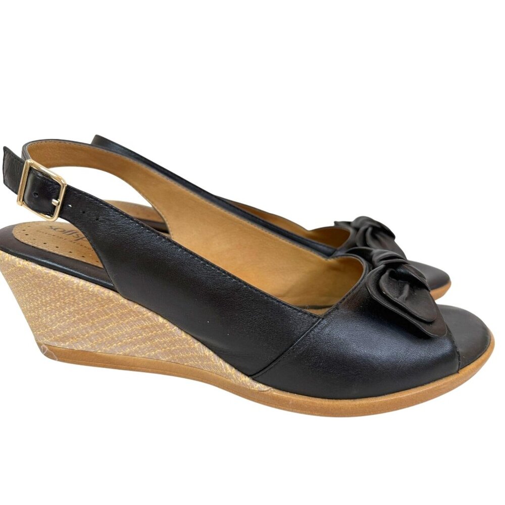 Softspots Black Leather Slingback Wedge Sandals With Bow Detail 10W Beach Resort